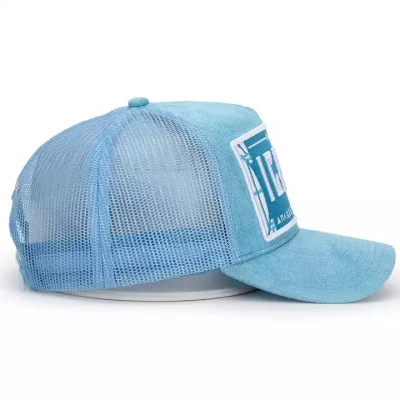 OEM Custom Fashion 5 Panel hohe Qualität Plain Blau gekrümmt Krempe 3D Stickerei Logo Mesh Snap Back Wildleder Gorras Trucker Kappe