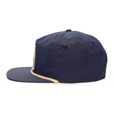 Custom 5 Panel Woven Patch Logo Unstrukturiert Navy Blue Snapback Hüte mit Rope Nylon Caps