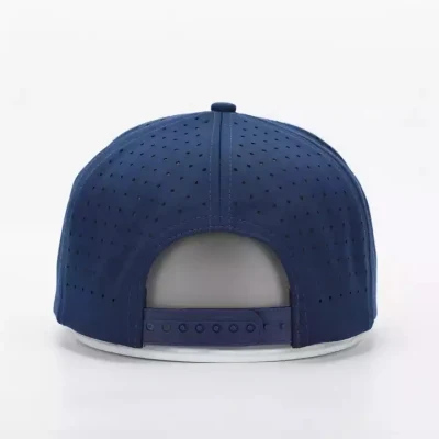 Custom 5 Panel Gummi PVC Logo Seil Baseball Cap Melin Wasserdichte Polyester Laser Cut Blue Surf Perforierte Hut Gorras Angeln Performance Sports Dad Golfkappe