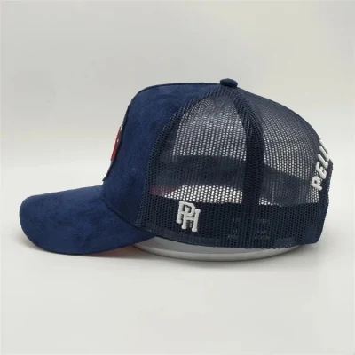 China Factory Großhandel Benutzerdefinierte Hohe Profil 5 Panel Stickerei Patch Logo Gebogene Krempe Mesh Gorras Snap Back Winter Wildleder Trucker Hutkappe