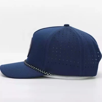 Custom 5 Panel Gummi PVC Logo Seil Baseball Cap Melin Wasserdichte Polyester Laser Cut Blue Surf Perforierte Hut Gorras Angeln Performance Sports Dad Golfkappe