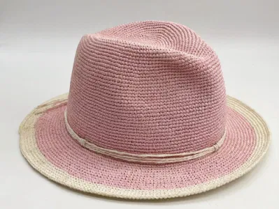 Papierseil Handgefertigte Feine Häkelsommer Hut Rosa Weiß Patchwork Farbe Damen′ S Stroh Hut Schatten atmungsaktiv Pink