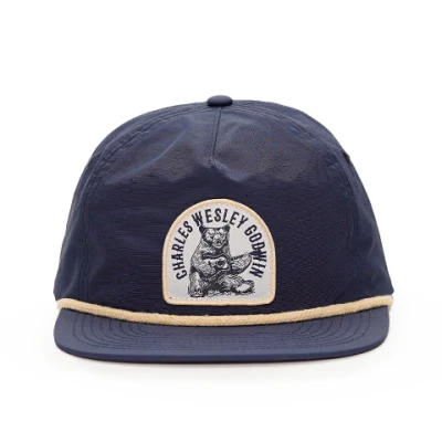Custom 5 Panel Woven Patch Logo Unstrukturiert Navy Blue Snapback Hüte mit Rope Nylon Caps