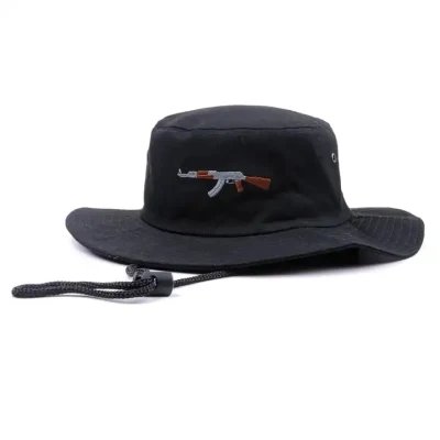 Sommer Großhandel Custom Fisherman Hüte Low MOQ Einfarbig Schwarz Stickerei Designer Bucket Mützen mit breiter Krempe für Herren mit verstellbarer Schnur