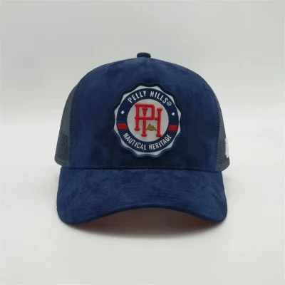 China Factory Großhandel Benutzerdefinierte Hohe Profil 5 Panel Stickerei Patch Logo Gebogene Krempe Mesh Gorras Snap Back Winter Wildleder Trucker Hutkappe