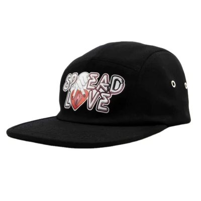 Custom Unstructured Black Flat Brim Dad Hat Print Patch 5 Panel Snapback hat und Cap