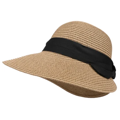 Lady Großhandel Custom Sun Beach Outdoor Breite Krempe Ribbon Straw Hut