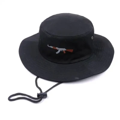 Sommer Großhandel Custom Fisherman Hüte Low MOQ Einfarbig Schwarz Stickerei Designer Bucket Mützen mit breiter Krempe für Herren mit verstellbarer Schnur