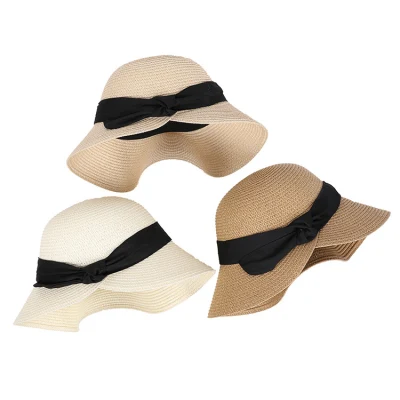 Lady Großhandel Custom Sun Beach Outdoor Breite Krempe Ribbon Straw Hut