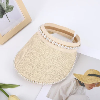  Strohhut Pearl Empty Top Strohhüte für Frauen Casual Sommer Strand Visier Caps Breite Große Krempe Sonnenschutz Im Freien Wbb20565