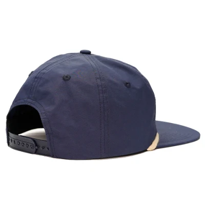 Custom 5 Panel Woven Patch Logo Unstrukturiert Navy Blue Snapback Hüte mit Rope Nylon Caps