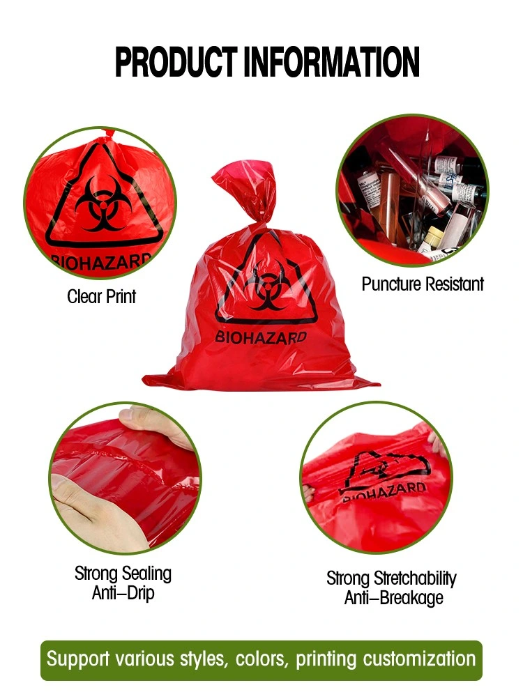 100% Virgin Material Medical Large Capacity Biohazardous Disposal Trash Biohazard Waste Bag for Hospital