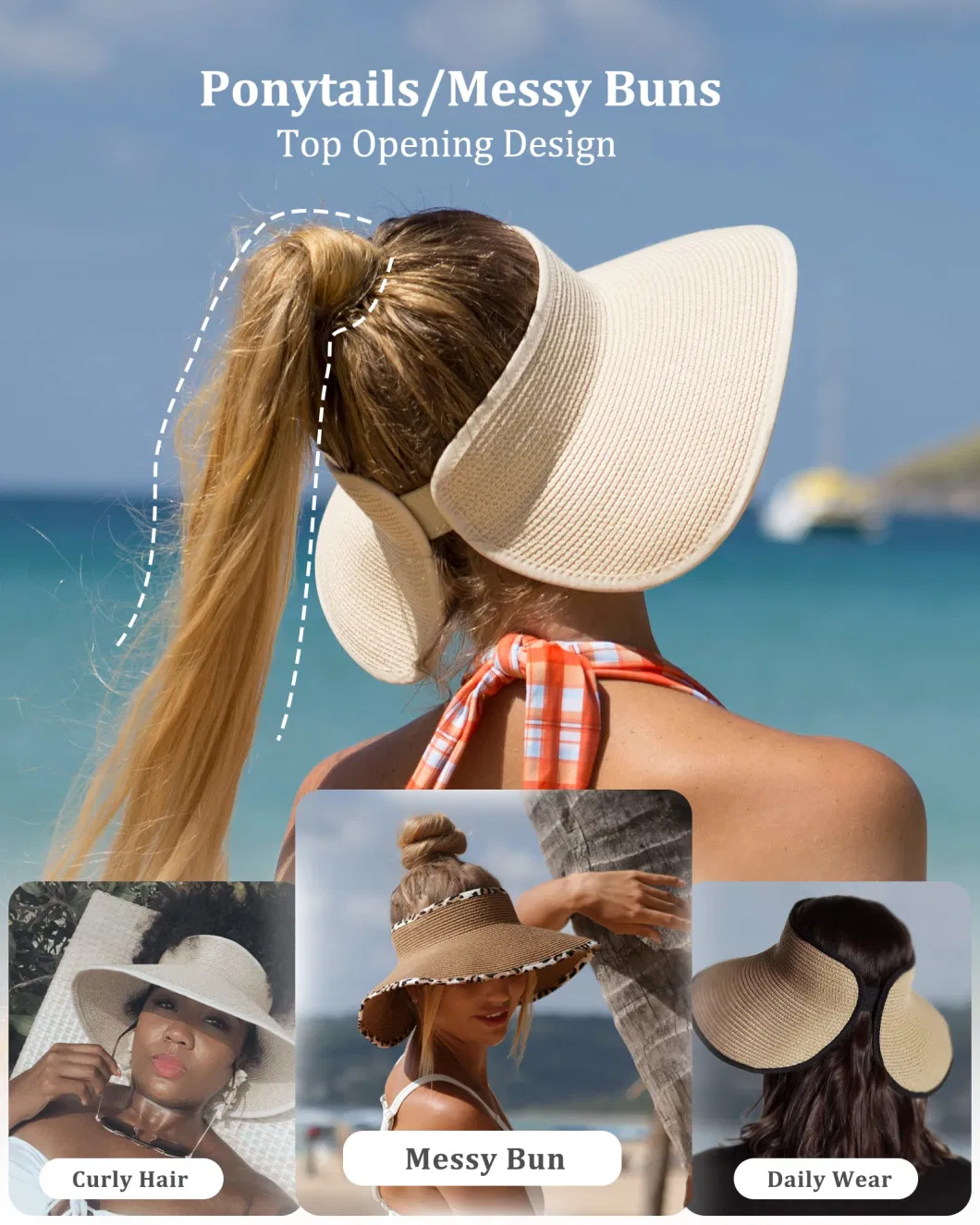 Sun Visor Women Wide Brim Straw Roll-up Ponytail Summer Foldable Beach Hats