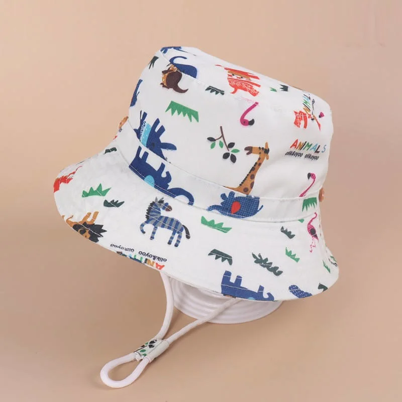 Summer Kids Sun Hat Cartoon Animal Printed Wide Brim Children Girls Boys Bucket Hat Cap