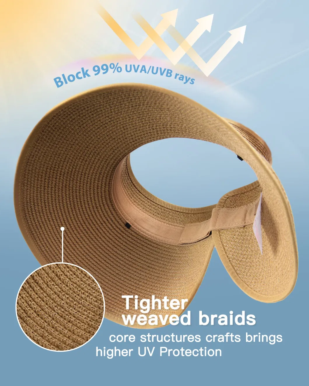 Sun Visor Women Wide Brim Straw Roll-up Ponytail Summer Foldable Beach Hats