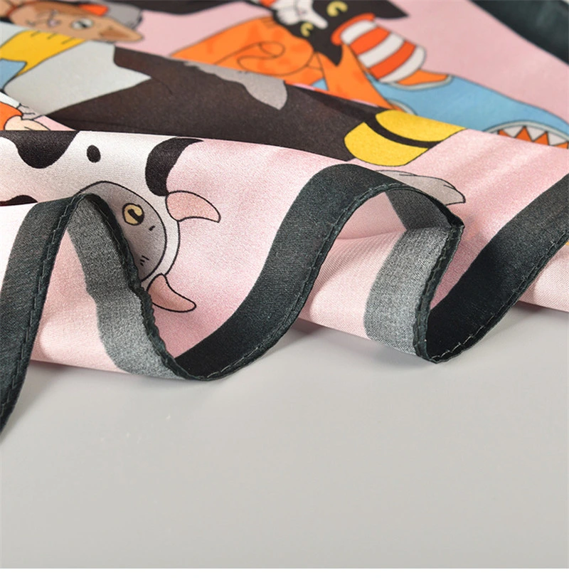 100% Silk High Quality Cartoon Printed Head Scarf in Stock