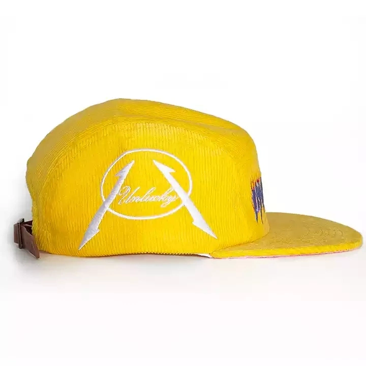 High Quality Flat Bill Low Profile Unstructured Gold Yellow 5 Panel Snapback Hat Corduroy Hat Custom Embroidered Logo Camp Hat Cap