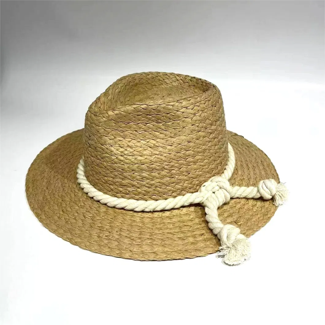 Customized Fashion Summer Paper Straw PU Webbing Rope Band Panama Tassels Brim Fedora Hat OEM ODM