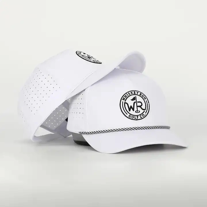 Custom Logo White 5 Panel Polyester Spandex Laser Cut Hole Embroidery Polyester Gorras Sports Baseball Cap Gorras Waterproof Perforated Rope Golf Hat