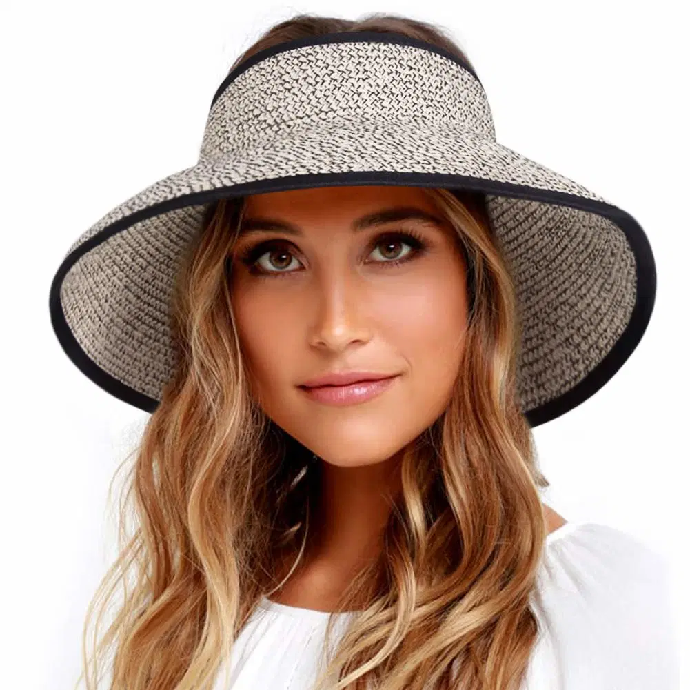 Sun Visor Women Wide Brim Straw Roll-up Ponytail Summer Foldable Beach Hats