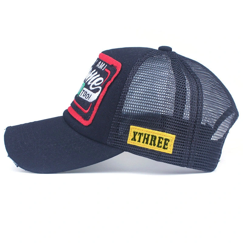 Wholesale OEM 5 Panel Black Structured Custom Logo Embroidered Cotton Outdoor Sport Trucker Hat