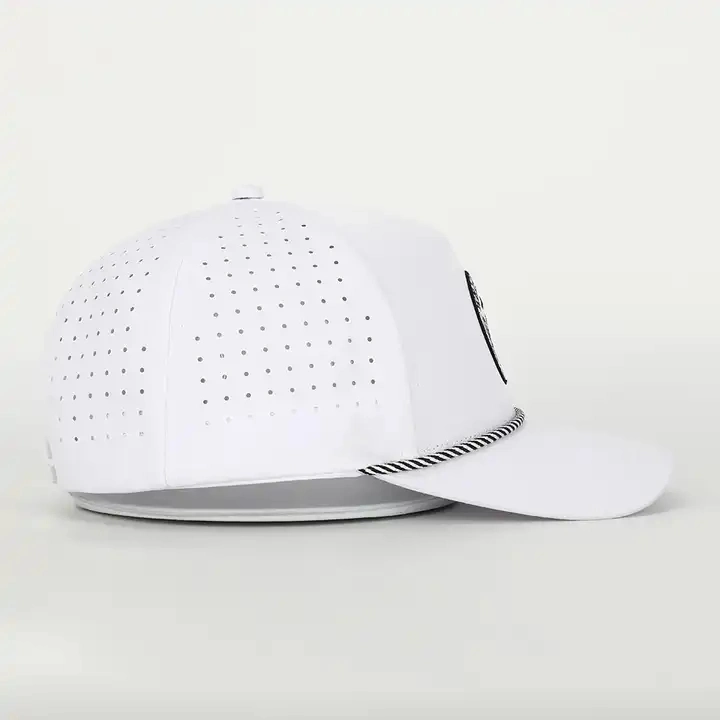 Custom Logo White 5 Panel Polyester Spandex Laser Cut Hole Embroidery Polyester Gorras Sports Baseball Cap Gorras Waterproof Perforated Rope Golf Hat