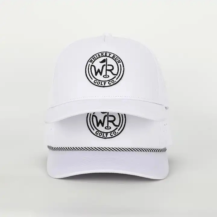 Custom Logo White 5 Panel Polyester Spandex Laser Cut Hole Embroidery Polyester Gorras Sports Baseball Cap Gorras Waterproof Perforated Rope Golf Hat