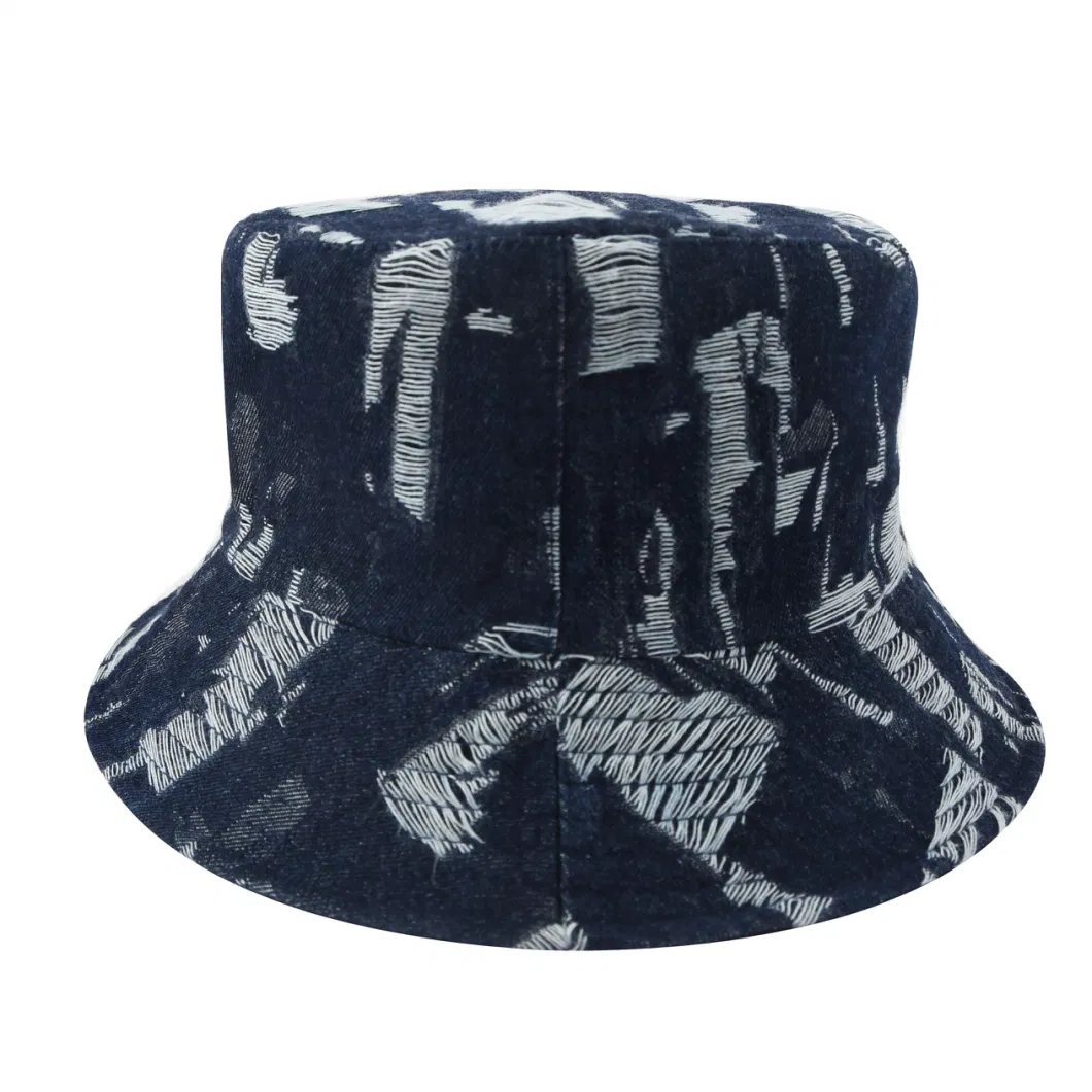 Distressed Fashion Reversible Blue Jean Blank Plain Wholesale Denim Bucket Hat