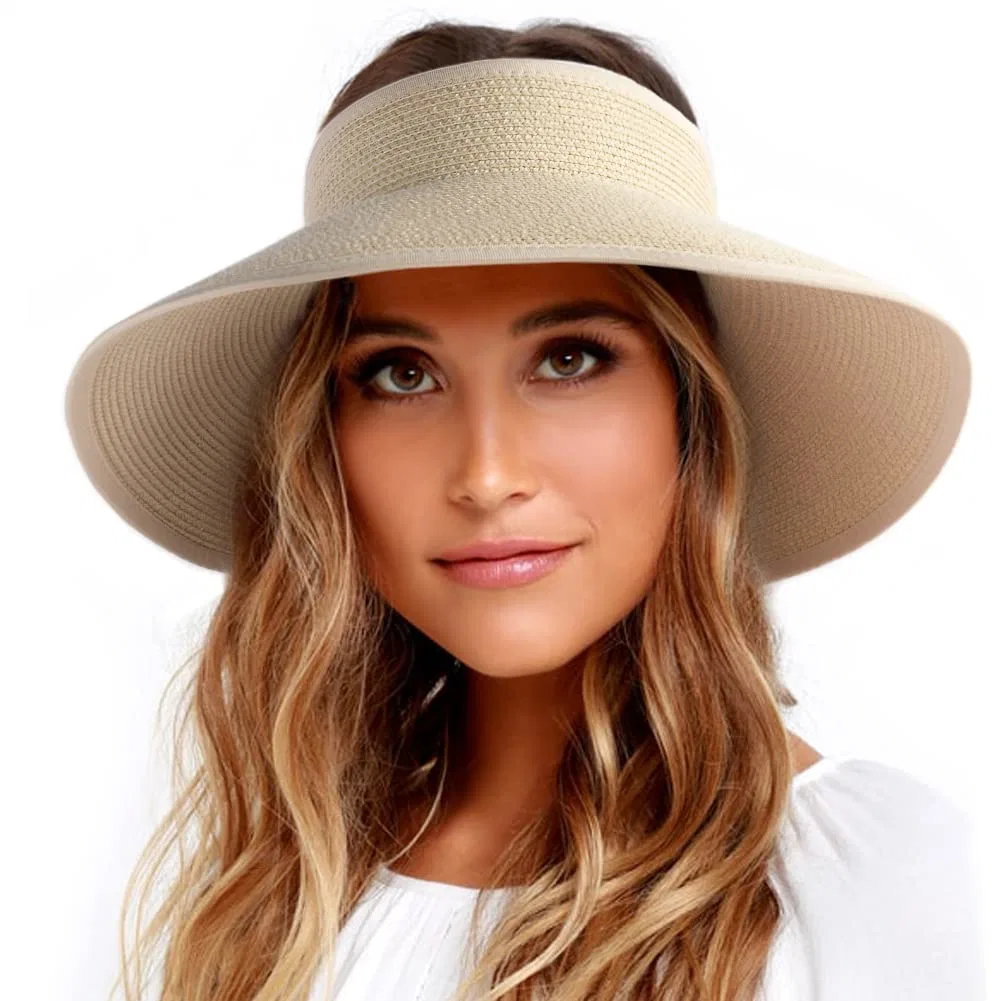 Sun Visor Women Wide Brim Straw Roll-up Ponytail Summer Foldable Beach Hats