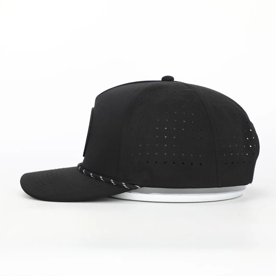 OEM Custom PVC Patch Logo 5 Panel Rope Golf Baseball Cap Laser Cut Hole Perforated Gorras Black Polyester Spandex Dad Hat