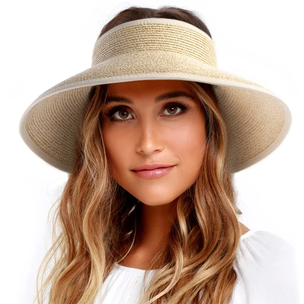 Sun Visor Women Wide Brim Straw Roll-up Ponytail Summer Foldable Beach Hats