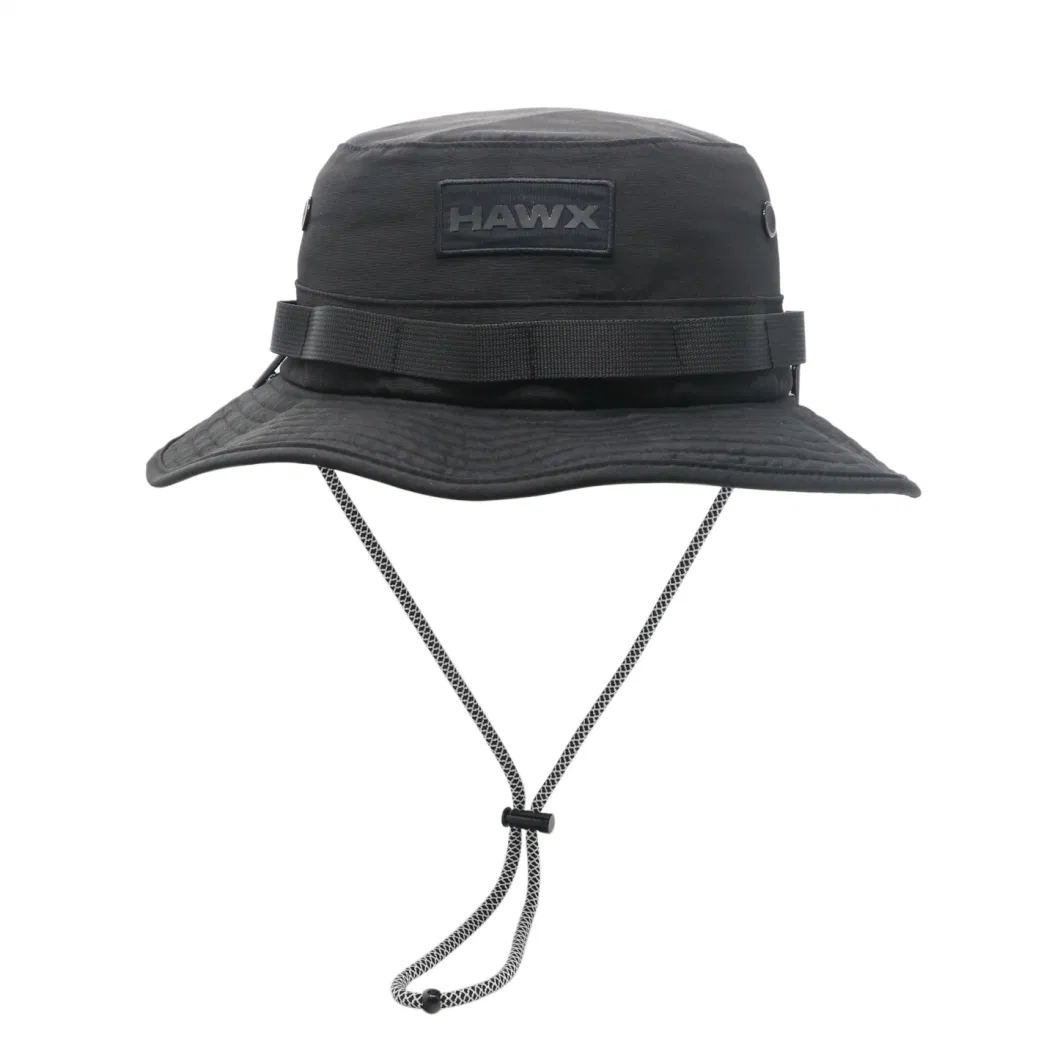 High Quality Vented Outdoor Boonie Waterproof Hat Custom Rubber Patch Bucket Hat with Removable String