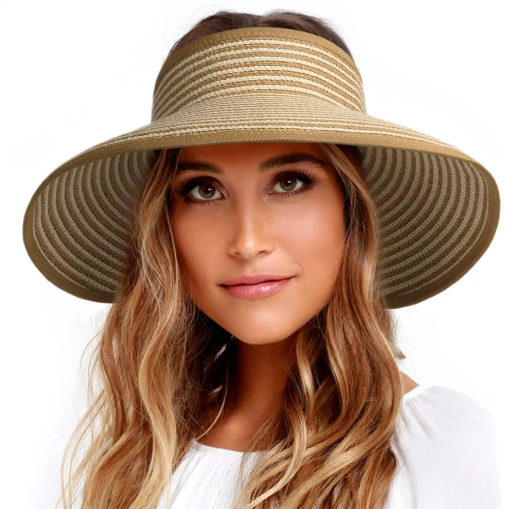 Sun Visor Women Wide Brim Straw Roll-up Ponytail Summer Foldable Beach Hats