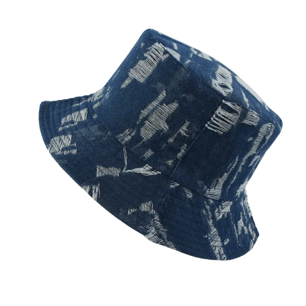 Distressed Fashion Reversible Blue Jean Blank Plain Wholesale Denim Bucket Hat