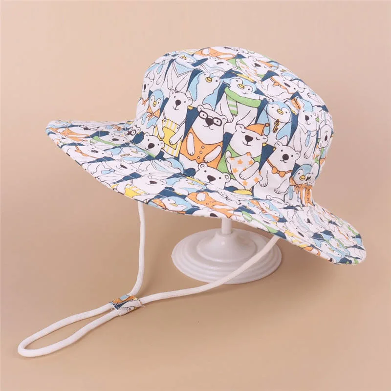 Summer Kids Sun Hat Cartoon Animal Printed Wide Brim Children Girls Boys Bucket Hat Cap