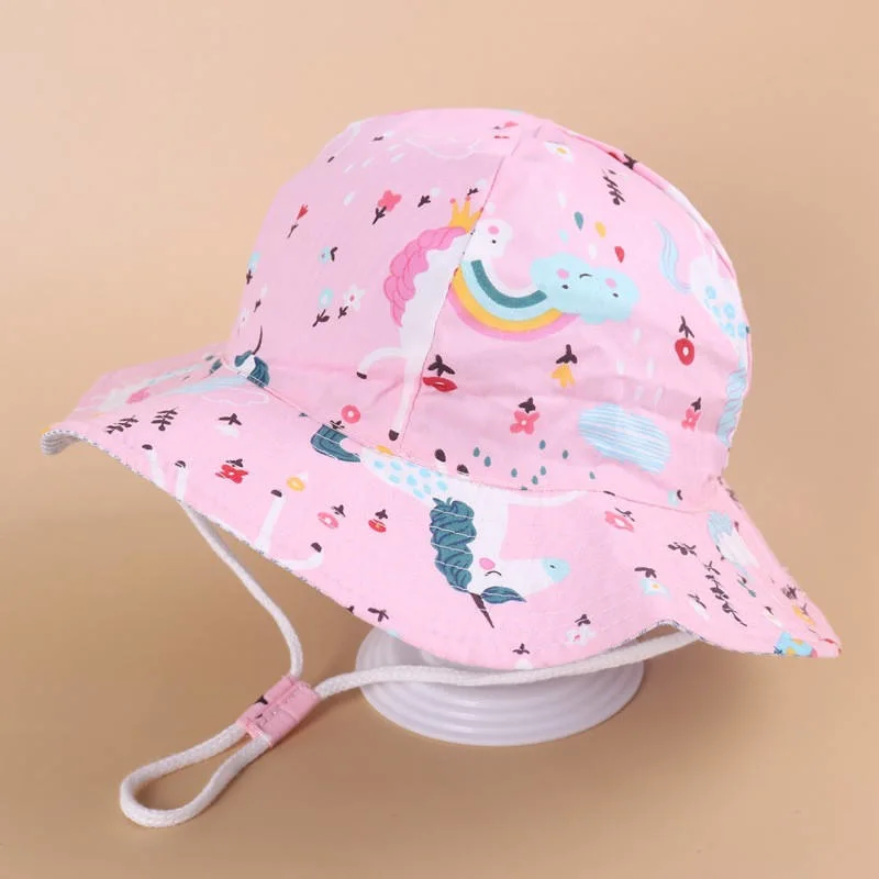 Summer Kids Sun Hat Cartoon Animal Printed Wide Brim Children Girls Boys Bucket Hat Cap