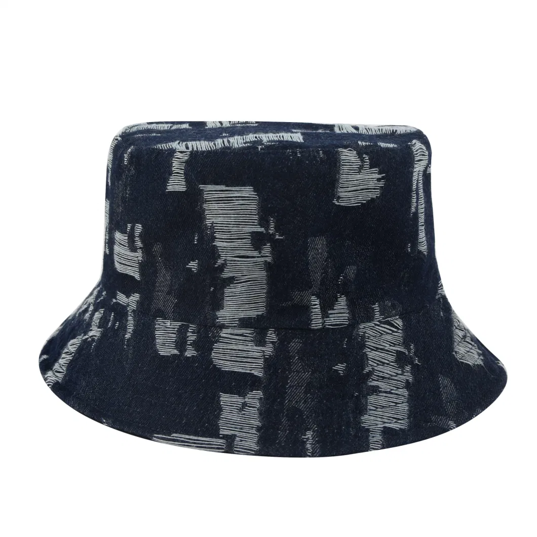 Distressed Fashion Reversible Blue Jean Blank Plain Wholesale Denim Bucket Hat