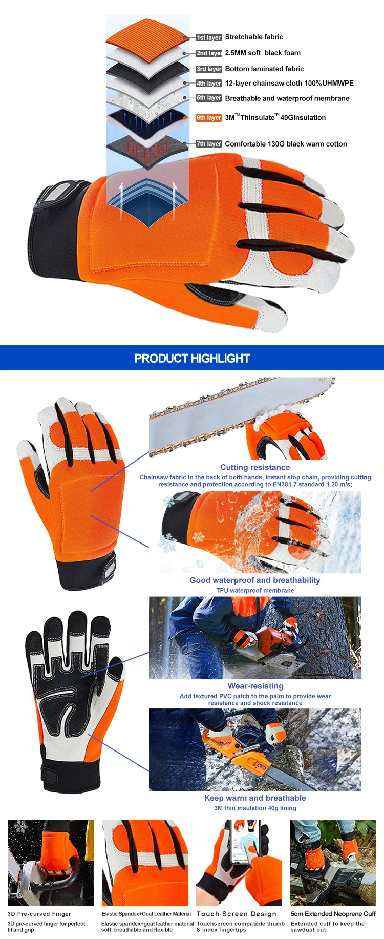 Warmth Forest Lumberjack Safety Goat Leather Chainsaw Protective Work Gloves