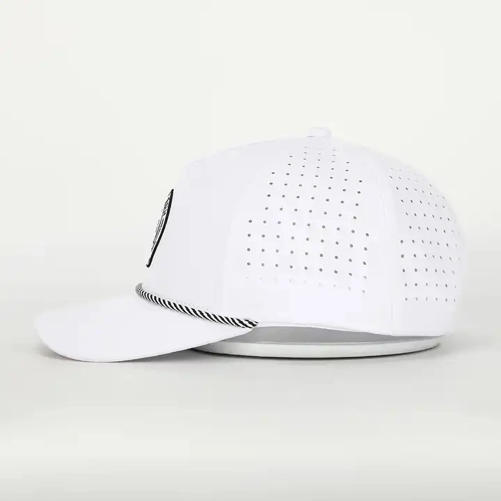 Custom Logo White 5 Panel Polyester Spandex Laser Cut Hole Embroidery Polyester Gorras Sports Baseball Cap Gorras Waterproof Perforated Rope Golf Hat