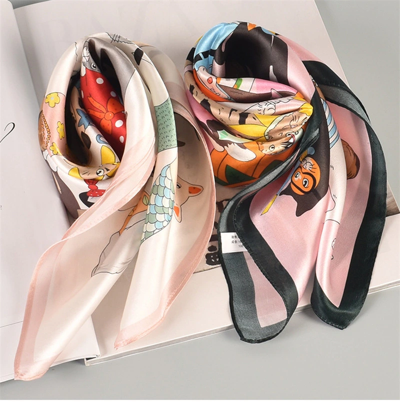 100% Silk High Quality Cartoon Printed Head Scarf in Stock