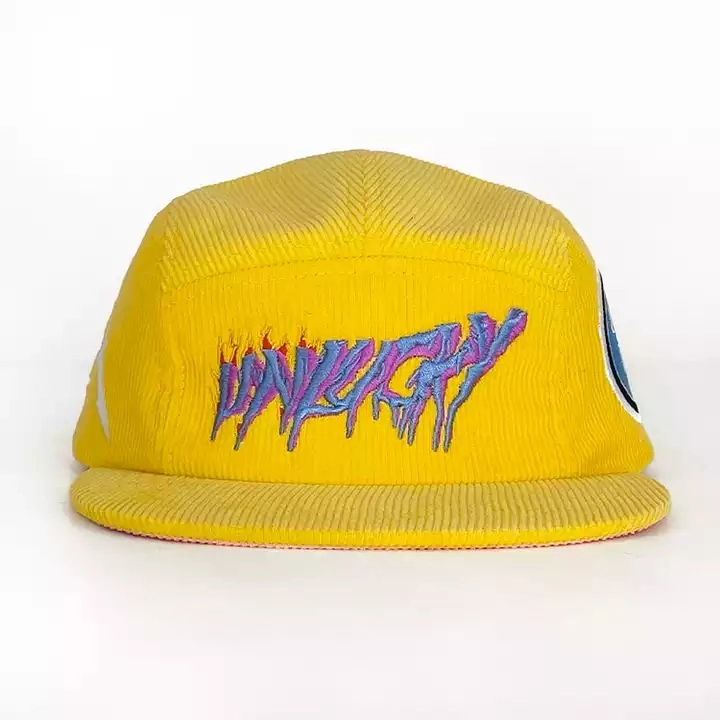 High Quality Flat Bill Low Profile Unstructured Gold Yellow 5 Panel Snapback Hat Corduroy Hat Custom Embroidered Logo Camp Hat Cap