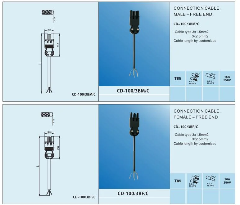 3 Poles Gst Connector Male Free End Connection Cable Length by Customized