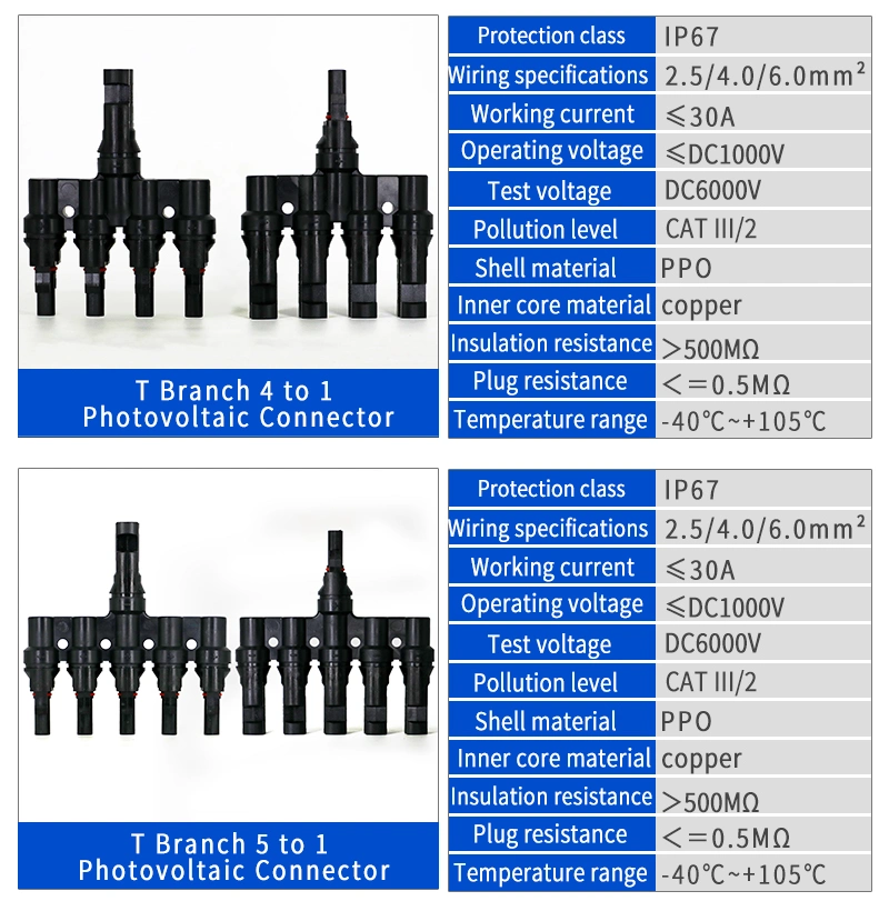 IP67 Waterproof T Branch Y Branch Mc 4 Male Female PV Solar Cable Extension Connector for Photovoltaic Solar Panel System