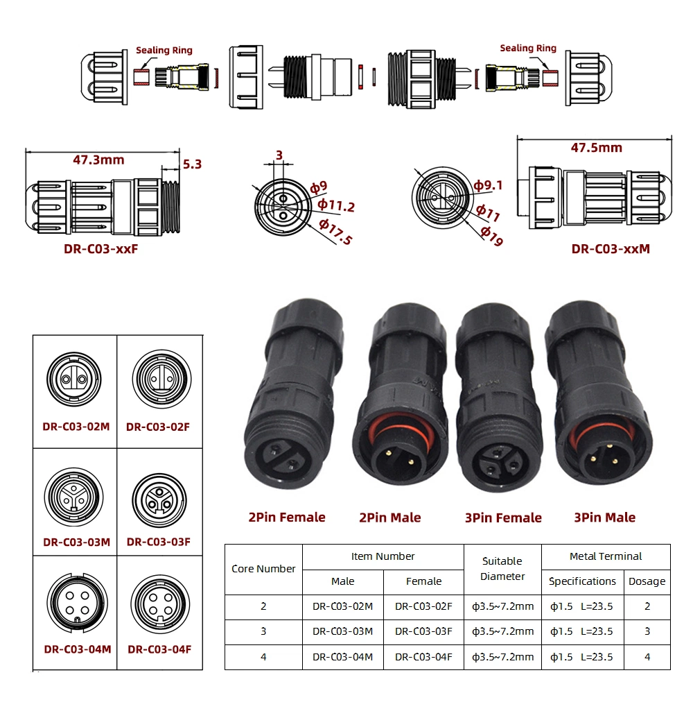 5 Pole IP65 Male Female Waterproof Cable Connector Plugs for Electric Car