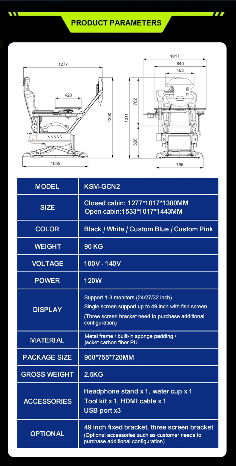 Ksm-Gcn2 Ergonomic Excellence Cockpit Gaming and Office Chair Computer Reclining Cockpit Gaming Chair with Modern Swivel Support 2 Monitors