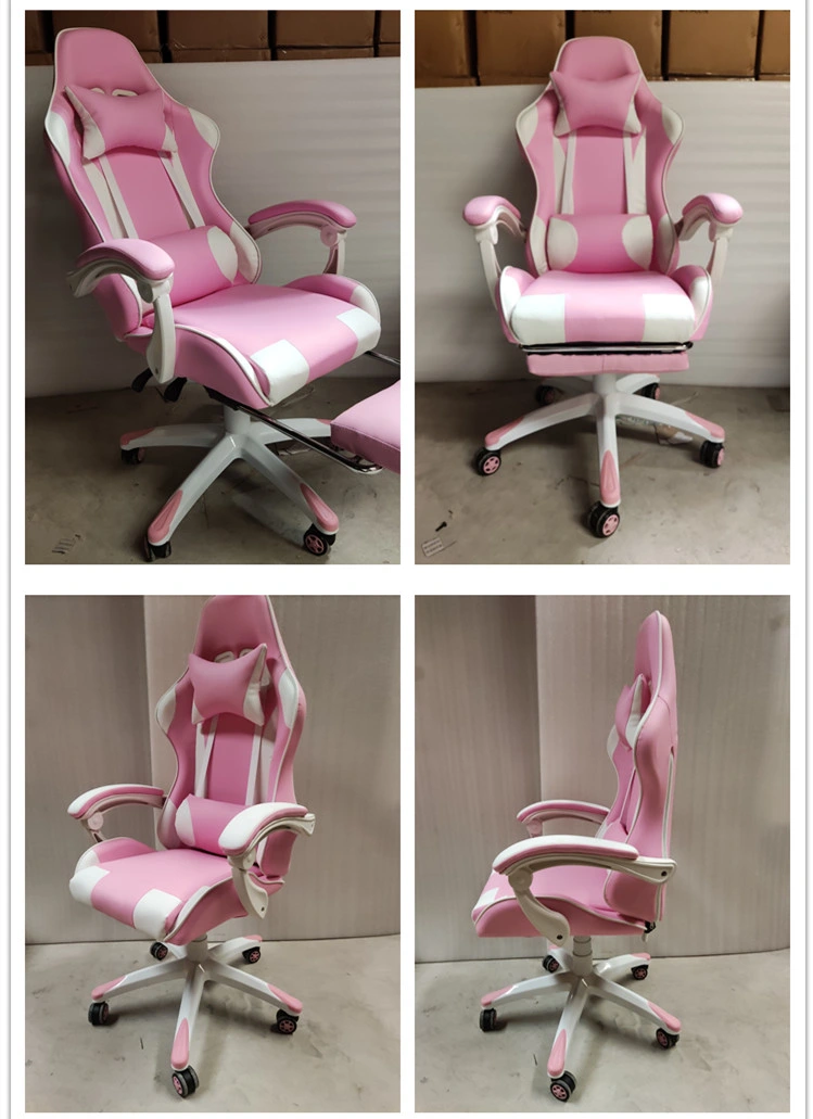 Modern Cute Pink White Lumbar Support PU PVC Gaming Chair with Footrest