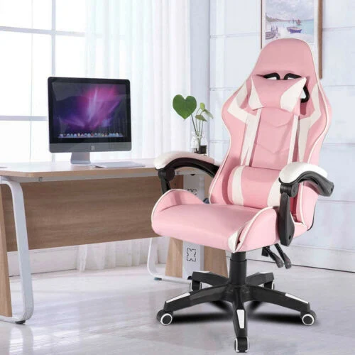 Modern Cute Pink White Lumbar Support PU PVC Gaming Chair with Footrest