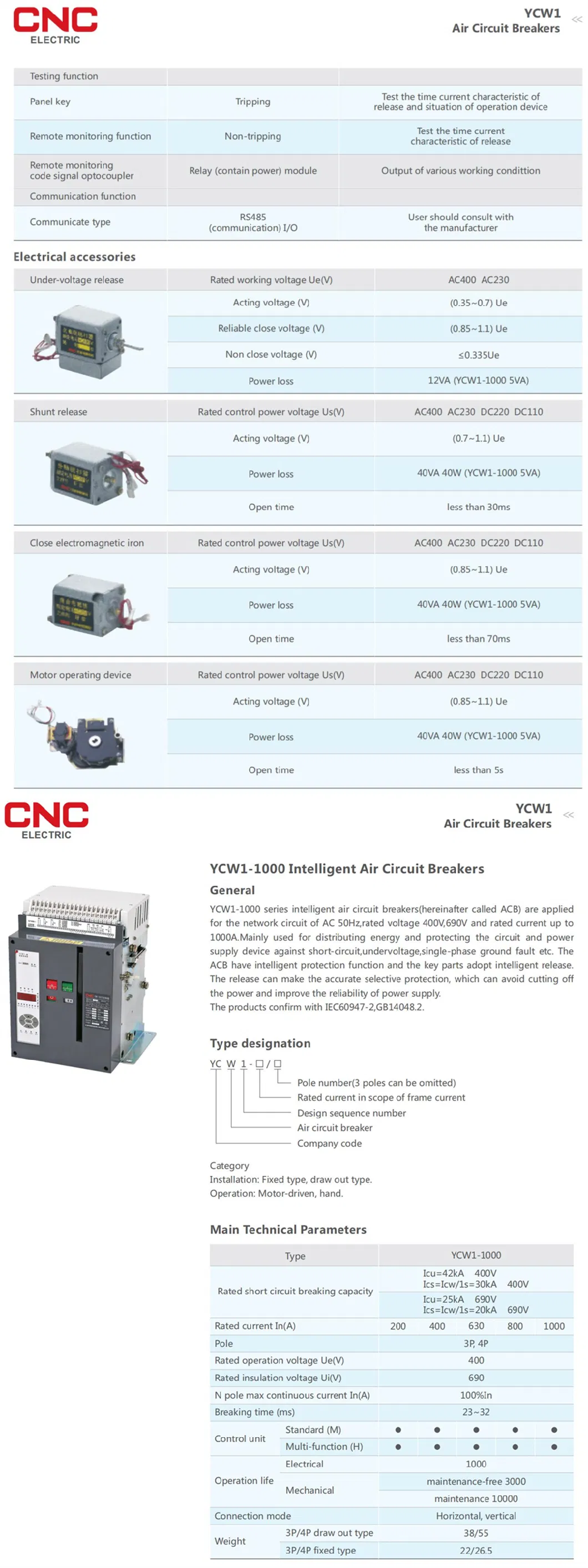 High Quality Ycw1-1000-3p/4p Intelligent Universal Air Circuit Breaker Acb