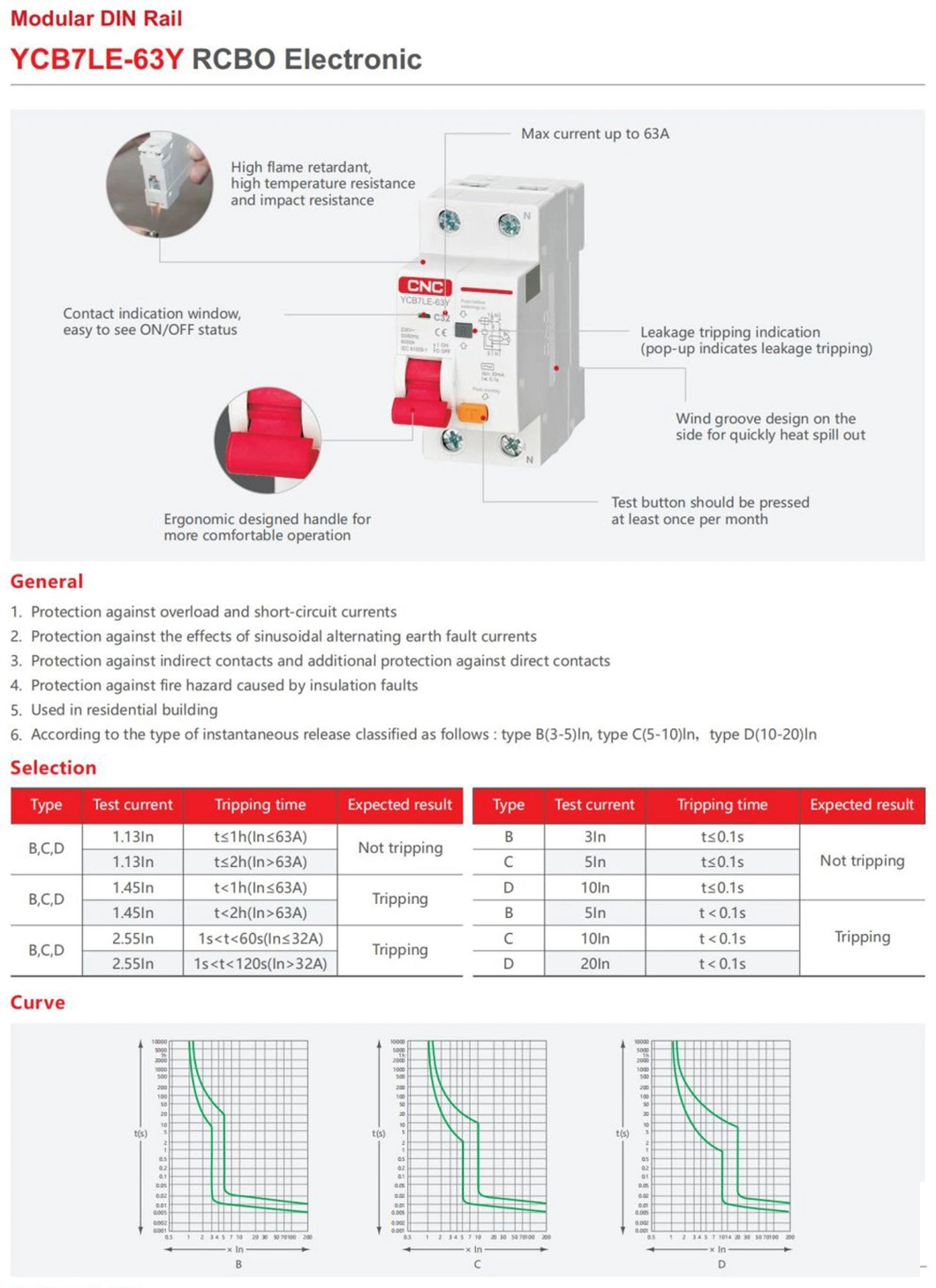 Ycb7le-63y 1p+N 230V 16A 25A 32A 63A AC Residual Current Breaker Operator Electronic RCBO