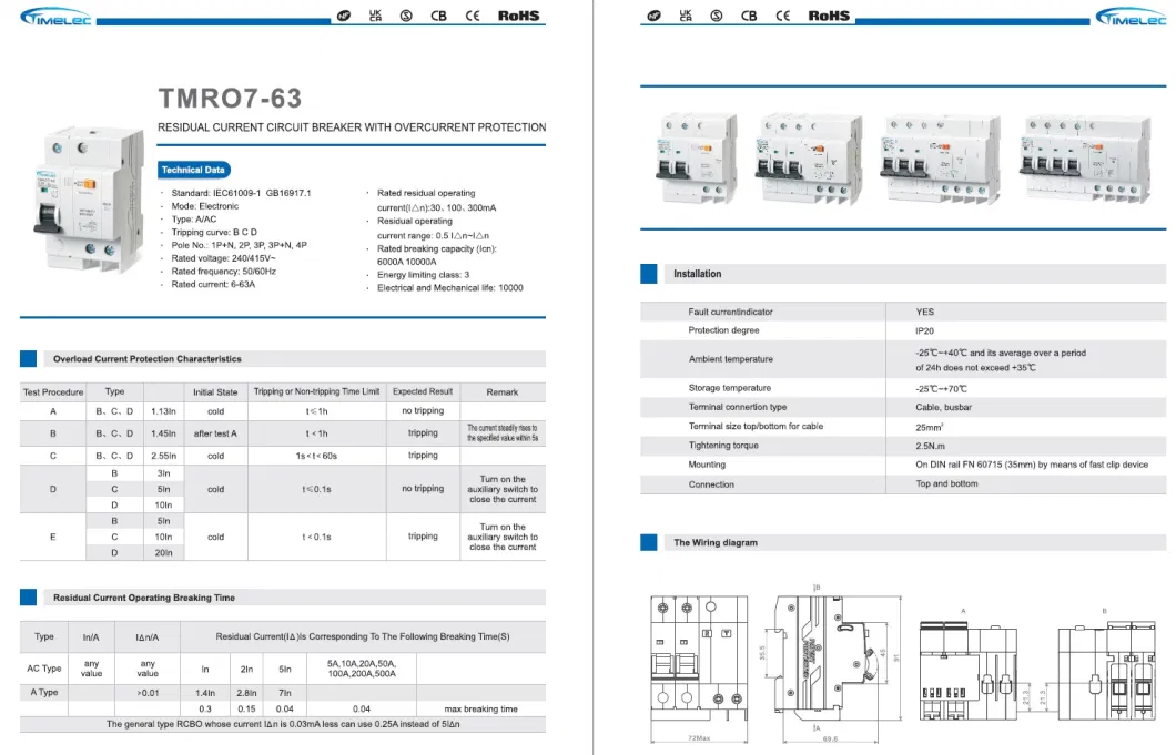 RCBO breaker 2P C63 10kA TypeAc circuit protection consumer unit distribution box